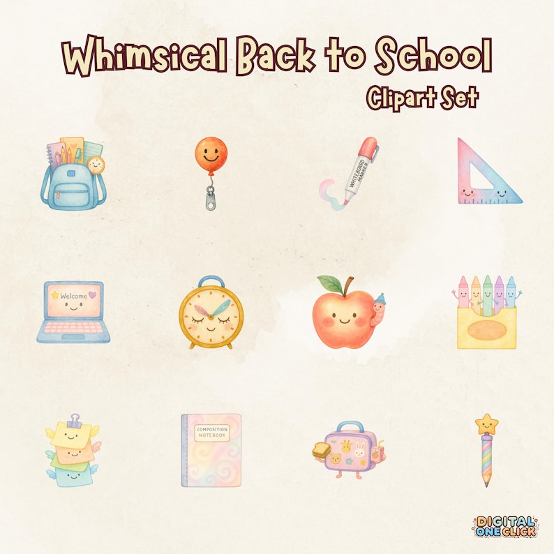 May include: Watercolor clipart set titled "Whimsical Back to School." The set includes a blue backpack, a smiling orange balloon, a pink marker, a blue and pink triangle, a laptop, a yellow clock, a red apple, and a box of crayons.