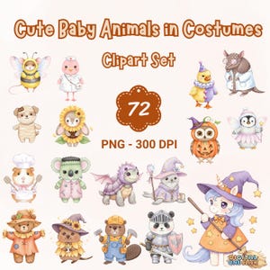 Cute Baby Animals Clipart Set | Adorable Animal Costumes PNG | Kawaii Halloween, Nursery, Stickers, Sublimation Bundle