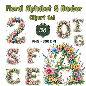 Alfabeto floral, letras y números en acuarela PNG, elegante fuente botánica para invitaciones y manualidades