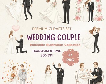 Wedding Couple Clipart Set: Romantic Bride and Groom PNG Illustrations (Digital Download)