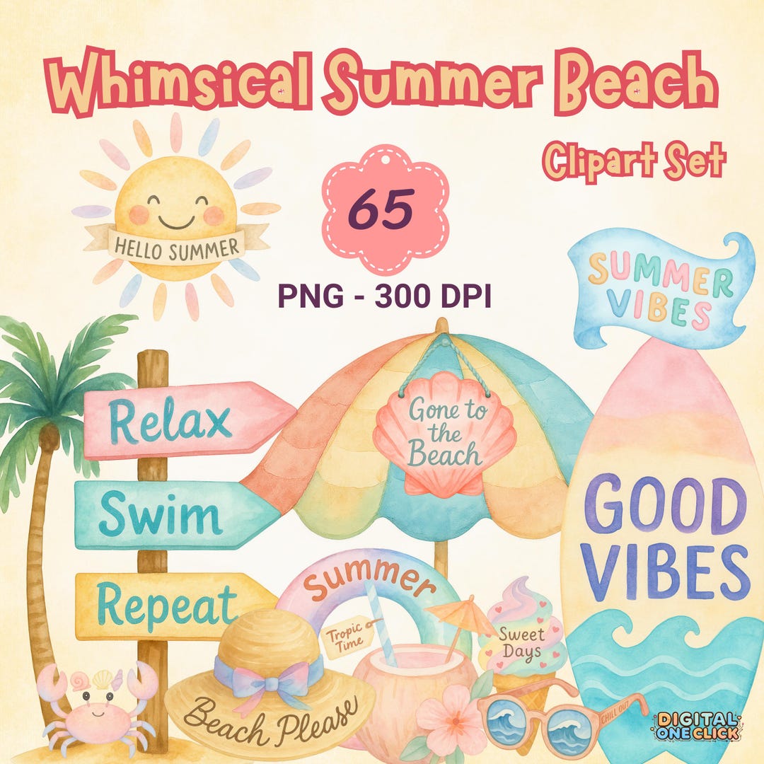 Summer Clipart Bundle, Pastel Beach PNG Set, Cute Vacation Digital ...