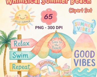 Pastel Summer Beach Clipart Bundle: 70+ PNG Stickers (Digital Download)
