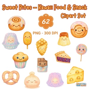 Kawaii Food Clipart Bundle | Cute Snacks, Drinks and Desserts PNG, Pastel Kawaii Faces for Stickers & Sublimation Designs