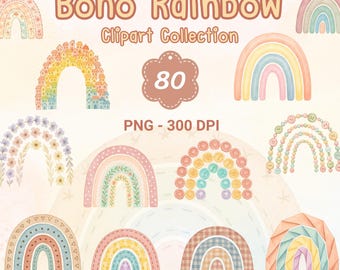 Boho Rainbow Clipart, Neutral Pastel PNG, Macrame Watercolor Rainbow Art