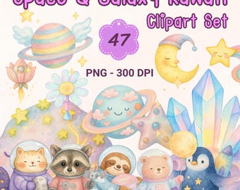 Kawaii Galaxy Clipart Bundle, Space Animals PNG Set (Digital Download)