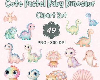 Pastel Baby Dinosaur Clipart: Kawaii Dino PNG Files (Digital Download