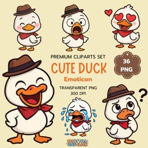 Cute Duck Emoticon Clipart – 36 PNG Files, Funny Expressive Cartoon Duck Stickers for Chat, Social Media, Digital Use, Downloadable
