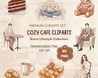 Cozy Cafe Clipart Set: 85 PNG Illustrations (Digital Download)