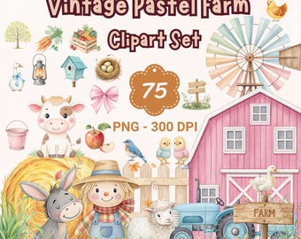Pastel Farm Clipart: Vintage Cottagecore Animals & Decor (Digital Download, 80 PNGs