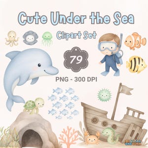 Cute Ocean Animals Clipart Bundle - Sea Life PNG Set - Underwater Creatures - Sea World Graphics
