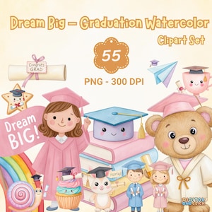 Paquete de imágenes prediseñadas de graduación: Niños y animales adorables PNG, Clase de 2025, Diploma en tonos pastel, Descarga en acuarela