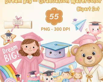 Watercolor Graduation Clipart: Kids & Animals, Pastel Rainbow (PNG)