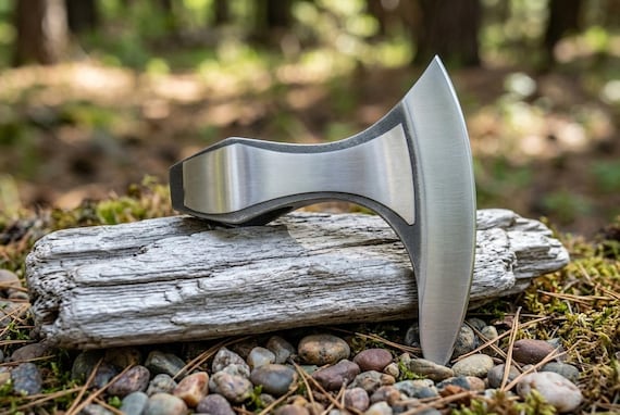 A real blacksmith hand-hammered this high-carbon steel bearded axe head — functional Viking-era craft you can actually feel the labor in.