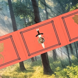 May include: A three-panel folding screen with a coral-colored background and black border frames. The outer panels feature a gold dragon and a crescent moon. The center panel displays a vertical sword piercing a twenty-sided die with the number 20.