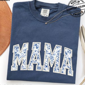 Comfort Colors Mama Faux Pearl Shirt, Mother's Day Gift for New Mom, Pregnancy Announcement Tee image 1