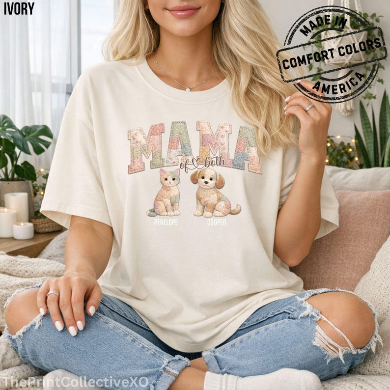 Camisa de patchwork con efecto "Mamá de ambos" de Comfort Colors, camiseta genial para mamá de perro, camiseta para mamá de gato, el mejor regalo para el Día de la Madre imagen 6
