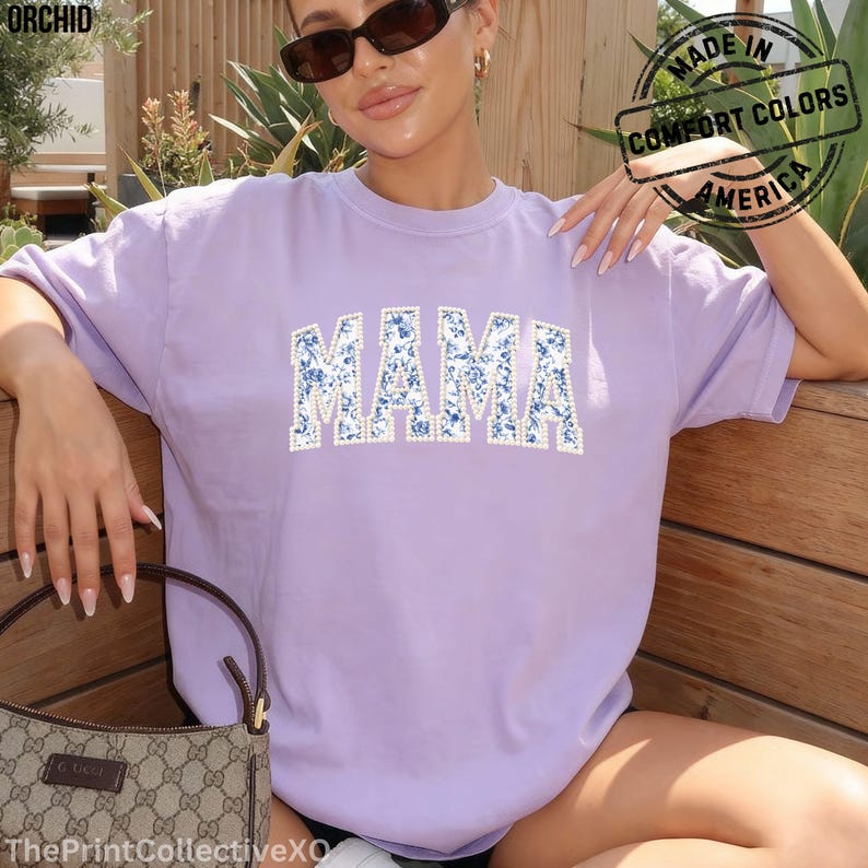 Comfort Colors Mama Faux Pearl Shirt, Mother's Day Gift for New Mom, Pregnancy Announcement Tee image 5