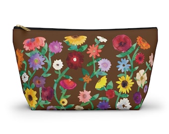 Surprise Song Piano Flowers Floral Makeup Bag, Small Cosmetic Pouch, Brown Wildflower Zipper Bag, Travel Toiletry Case, Gift for Her