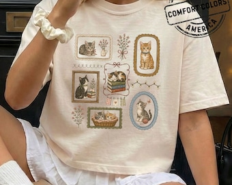 Comfort Colors Cottagecore Boxy Cat Tee, Kitty Shirt, Vintage Coquette Graphic, Cropped Womens Top