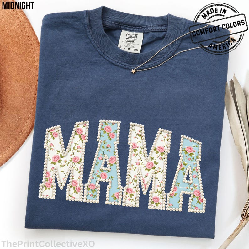 Comfort Colors Mama Faux Pearl Shirt, Trendy Mom T-Shirt Gift for Mothers Day, Cute Girly Floral Summer Tee image 1
