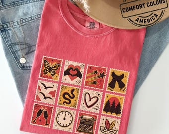 Camiseta con iconos de la era de la música retro, camiseta gráfica estilo sello vintage, camiseta con collage estético de álbum, regalo inspirado en fans, camiseta Comfort Colors