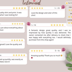 May include: A graphic displaying customer reviews with star ratings. The text highlights positive comments on shirt quality, design, and delivery. The average rating is 5.0 stars.