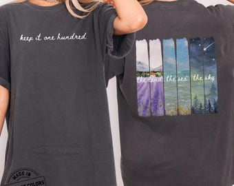 Nature Landscape Back Print Tee, Minimal Script Front Shirt, Mountain Ocean Sky Graphic, Aesthetic Comfort Colors T Shirt