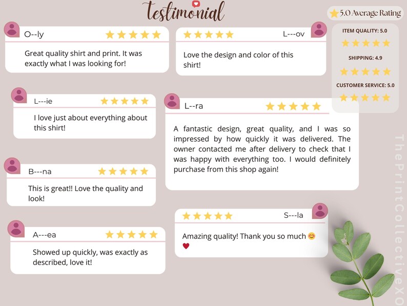 May include: A light pink graphic with customer testimonials. The testimonials are in white speech bubbles with pink accents and star ratings. The text includes phrases like "Great quality shirt and print" and "Amazing quality!"