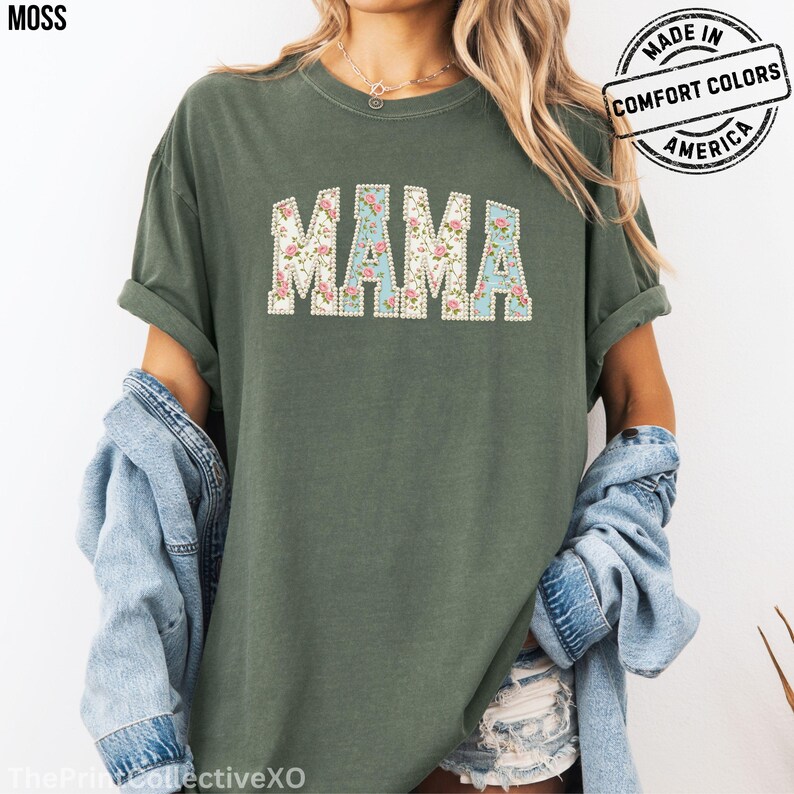 Comfort Colors Mama Faux Pearl Shirt, Trendy Mom T-Shirt Gift for Mothers Day, Cute Girly Floral Summer Tee image 5