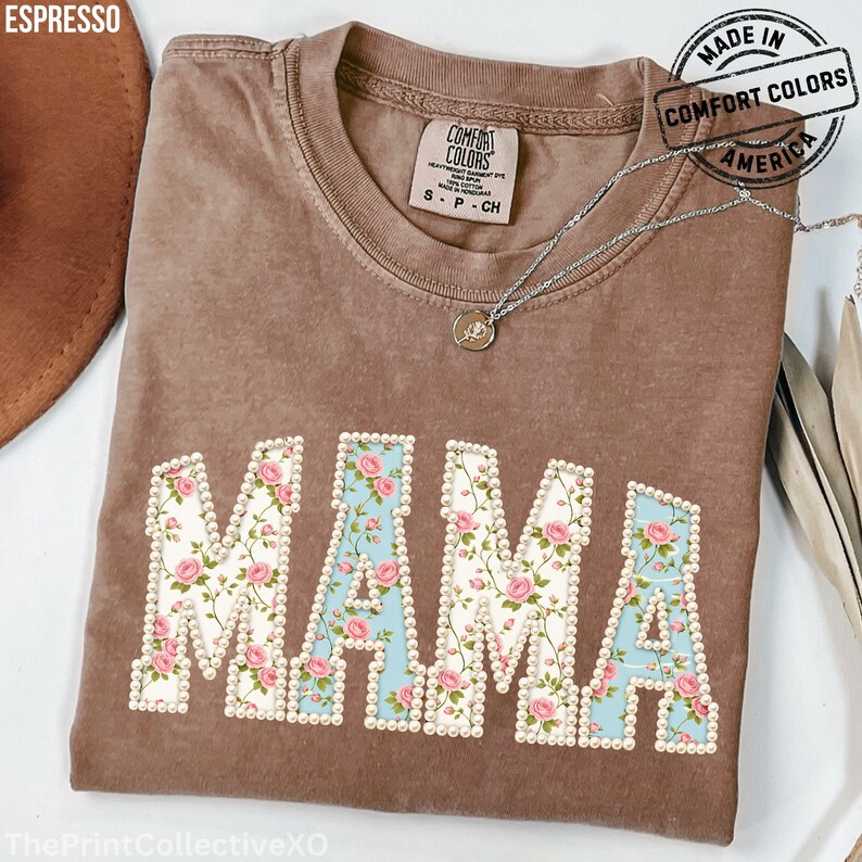 Comfort Colors Mama Faux Pearl Shirt, Trendy Mom T-Shirt Gift for Mothers Day, Cute Girly Floral Summer Tee image 4