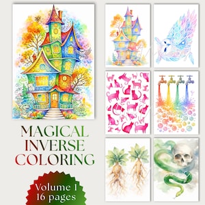 May include: A collection of watercolor art prints featuring whimsical illustrations. The prints include a colorful fantasy house, an owl, pink cat silhouettes, rainbow water taps, and a skull with a snake. The text reads "MAGICAL INVERSE COLORING Volume 1 16 pages."