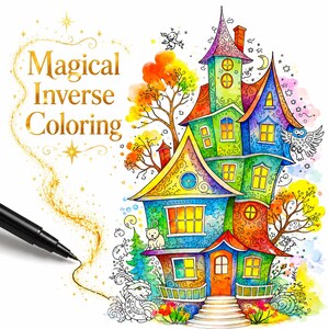 Puede incluir: Un rotulador negro dibuja una línea dorada junto a una colorida ilustración de una casa de varios pisos con patrones intrincados, un gato, un búho y árboles. El texto Magical Inverse Coloring está impreso en oro a la izquierda.