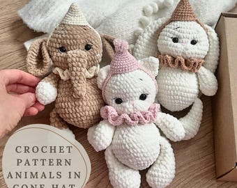 Crochet PATTERN Animals Crochet toy Amigurumi pattern Amigurumi toy Crochet Animals Handmade toy Pattern in English Animals in Cone Hat