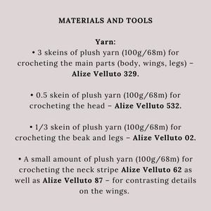 May include: A list of materials and tools needed for a crochet project. The list includes yarn in different colors and quantities, with specific brand names and yarn weights.