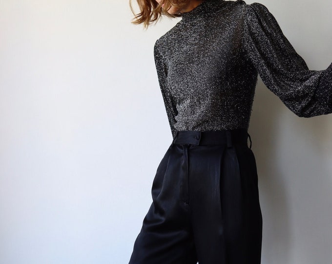 Vintage 60s Silver Black Balloon Sleeve Lurex Top