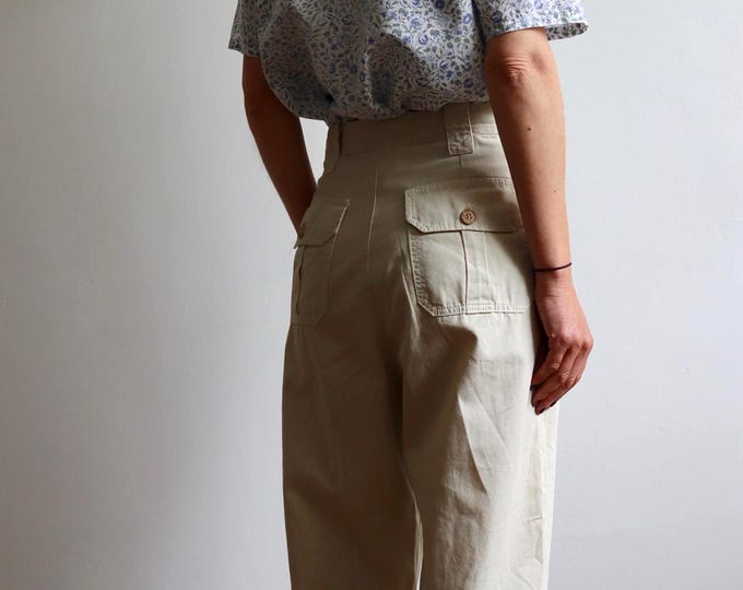Cargo Casual Beige Pleated Cotton Trousers