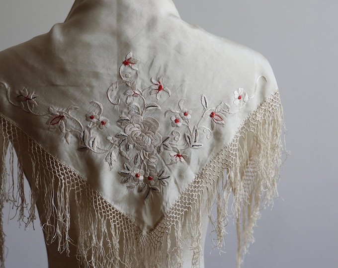 Antique Champagne Silk Shoulder Shawl Scarf Wrap Embroidery