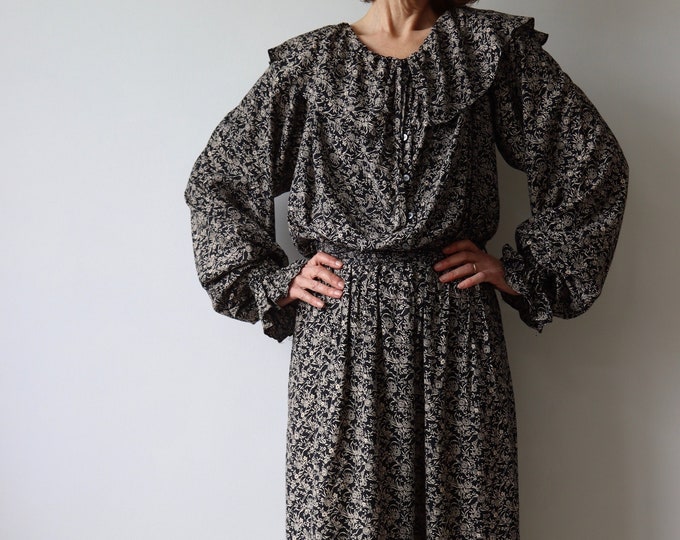 JEFF BANKS | Original 1970s Floral Boho Prairie Folk Dress With Cape Collar