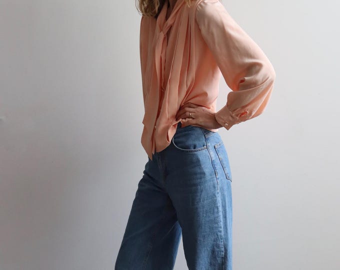 Vintage 80s Pastel peach Tie Blouse With Pleats