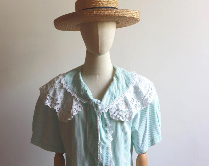 Vintage 80s Ostermann Stripe Blouse With Lace Cape Collar and Tie