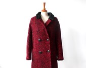 CONFEZIONI DI LUSSI Red and Black Wool Midi Slim Fit Coat With Astrakhan Fur Collar