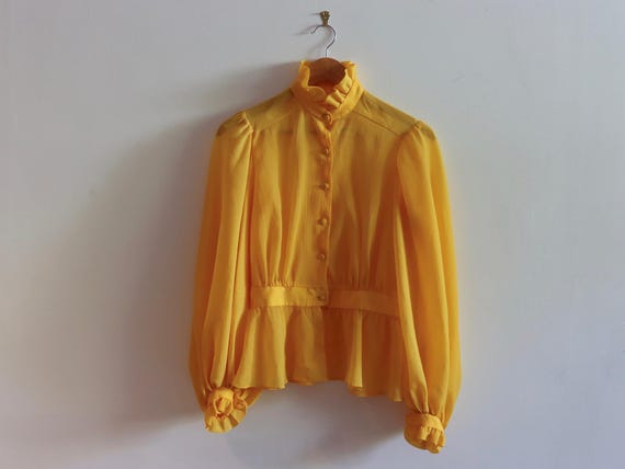 David Butler Pressler Yellow Balloon Sleeve Peplum  Blouse 1970s