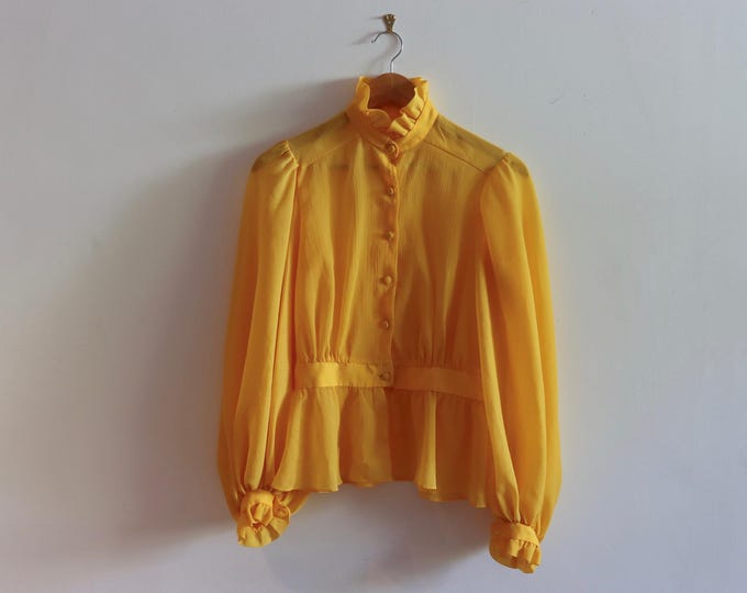 David Butler Pressler Yellow Balloon Sleeve Peplum  Blouse 1970s
