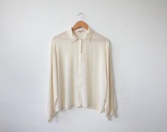 Embroidered Lace Collar All Silk Cream Vintage Blouse