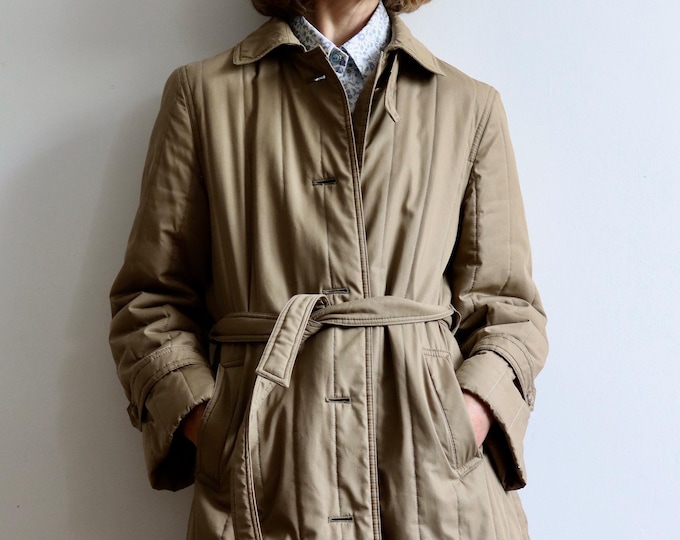 Beige Quilted Long Belted Coat