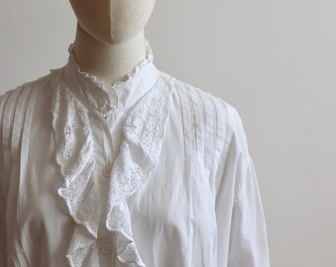White Indian Cotton Ruffle Yoke Victoriana Style Blouse