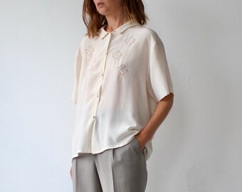 Ivory All Silk Embroidered Cut-Out Short Sleeve Blouse