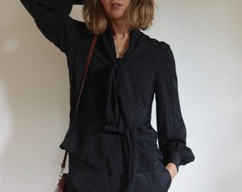 LANVIN Paris Boutique | Black Pussy Bow Paisley All Silk Vintage Blouse