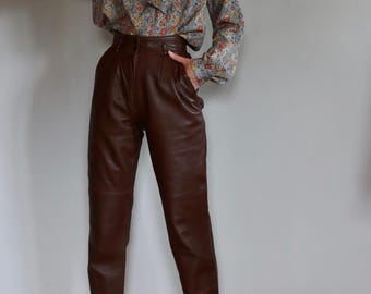 Braune Lederhose mit hohem Bund aus den 1980er Jahren