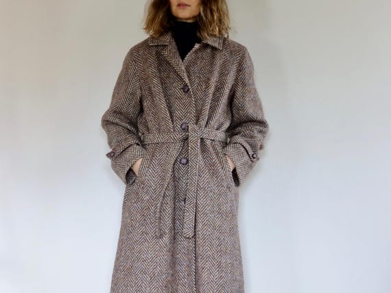1970s Herringbone Tweed Castle Island Belted Pure Wool Coat